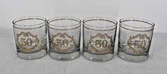 50th Anniversary Lowball Whiskey Glasses Gold Trim Set Of 4 Rocks Tumblers Bar
