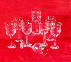 2 SETS OF 4=8 ROYALE WATER Wine GOBLETS, HAND DECORATED WITH 24 KARAT GOLD Trim