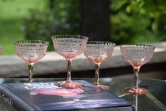 Antique Needle Etched PINK Cocktail ~ Martini Glasses, circa 1920’s Coupes