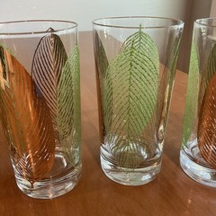 4 VINTAGE MCM 22KT GOLD & GREEN MODERN LEAF HIGHBALL GLASSES