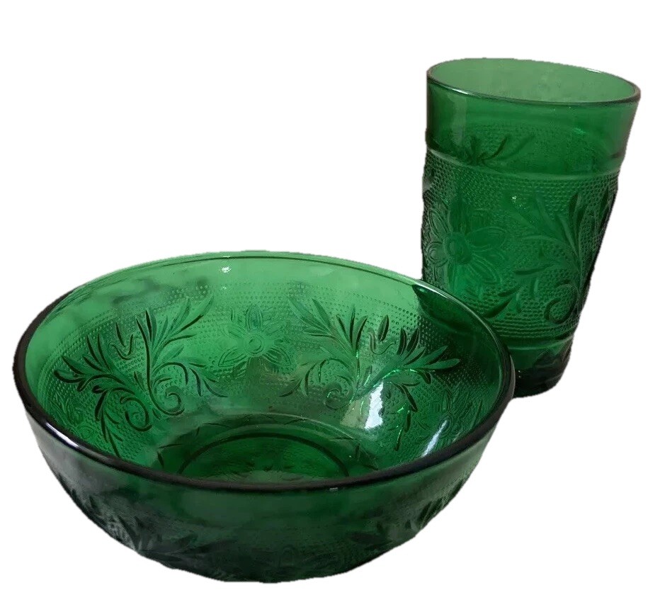 Anchor Hocking Forest Green Floral 5 Oz Juice Glass and small fruit bowl