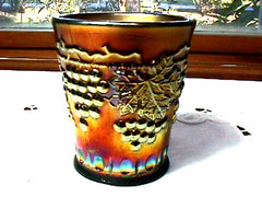 «GRAPE & CABLE» 2 3/4″ 3 .OZ SHOT GLASS AMETHYST CARNIVAL GLASS BY: NORTHWOOD
