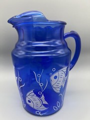 Rare Hazel Atlas Cobalt Blue Pitcher 86 oz White Angel Fish Vintage 1930’s VGC!