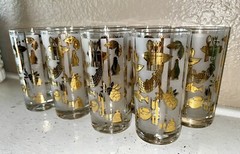 Lotus “Bon Appetite” Set Of 8 Glasses W/Carrier Fish Lobster MCM Vintage NOS