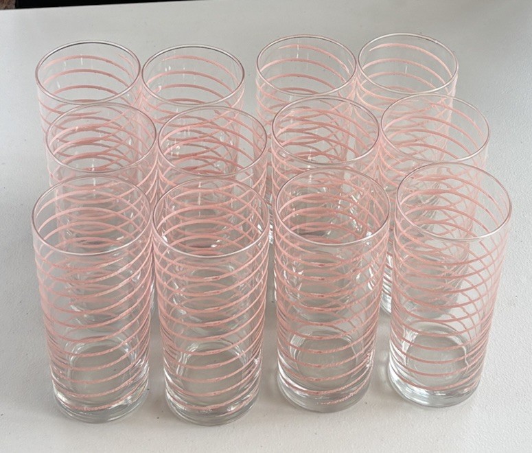 Vintage Mid-Century Pink Spiral Stripe Highball Glasses – Set of 12 MCM Tumblers