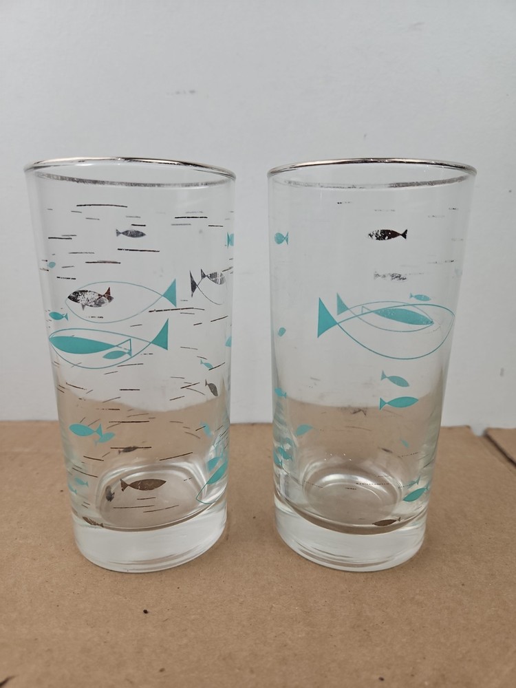 Vintage Libbey Mediterranean Atomic Fish Motif Tumblers Set Of 2 MCM Retro