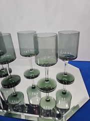 Set (6) Wine Glasses Goblets, Crystal Lenox Signed «Blue Smoke» Gray-blue-green