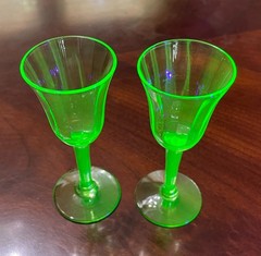 Vintage Uranium Glass Cordials MCM Tiffin Franciscan Optic Panel ? 1 Pair
