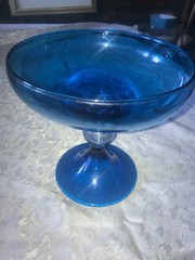 MCM Vintage EMPOLI Peacock BLUE Handblown GLASS Pedestal COMPOTE Bowl CANDY DISH