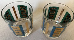 A pair MCM Lowball Glasses with Blue & Green Meander pattern