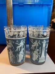 4 Vtg Jeannette Corinthian Blue Tumbler Highball Glasses Greek Figure 5″
