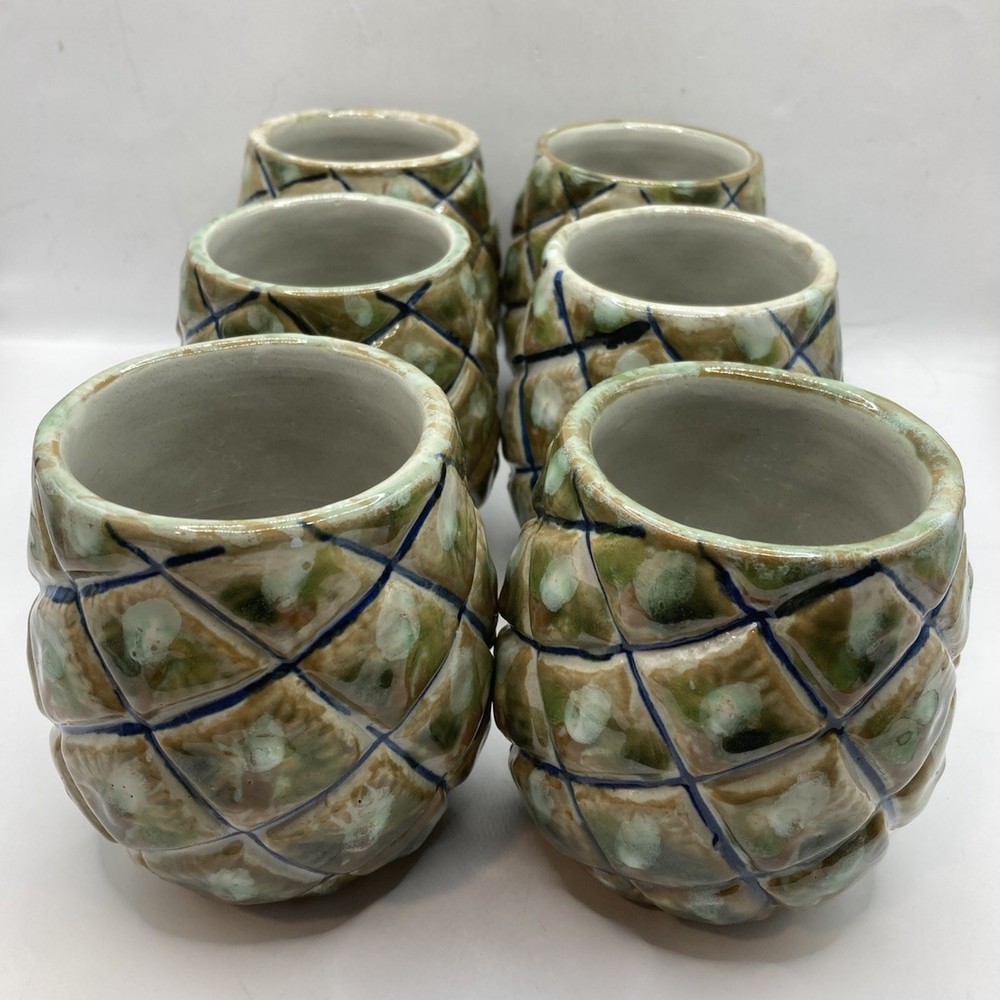 VTG~Louisville KY Stoneware Pineapple Art Pottery Tumbler Cups 8 Oz Set Of 6 EUC