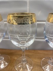 24K GOLD Cellini Beautiful Etched Blown Crystal WineGlasses Set of 4 Gold Trim