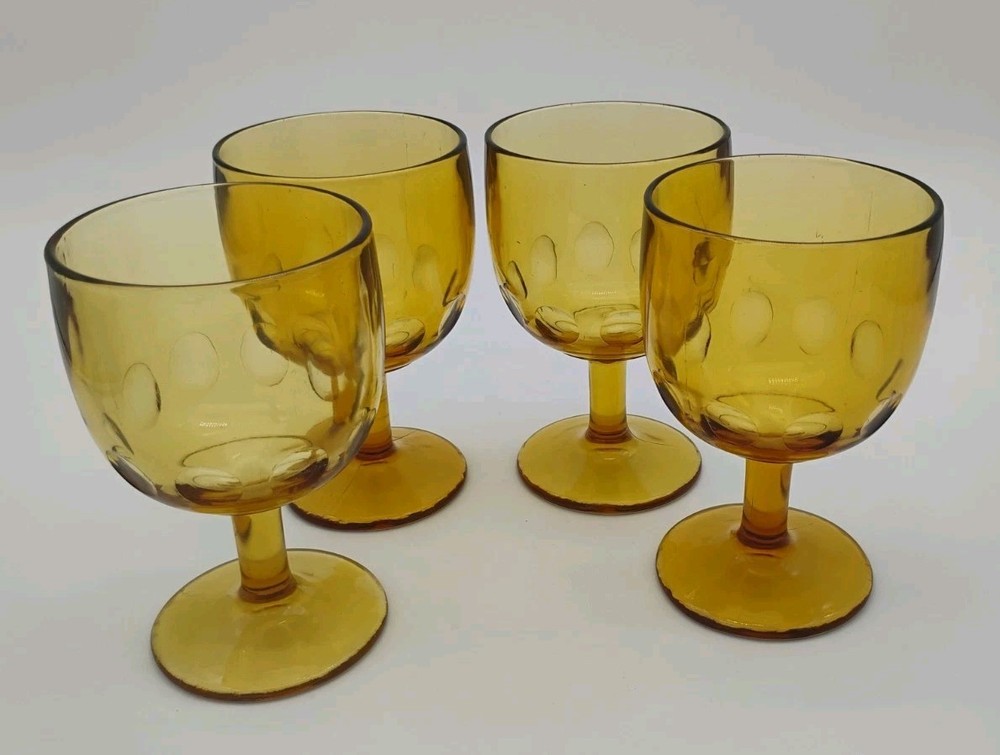 Bartlett Collins Amber Thumbprint Footed Stemmed Water Goblet Set of 4