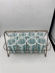 Hazel Atlas Fleur De Lis Turquoise Blue Tumbler Set, 1950s With Carrier