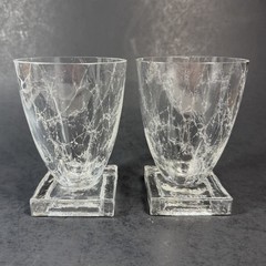 Stephen SMYERS Studio Art Glass Footed Tumblers Clear Crackle 1994 Set 2 *AS IS