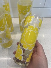 Vintage 4 -Colony Yellow Mod Flower power Glasses MCM Collins 12 oz Barware RARE