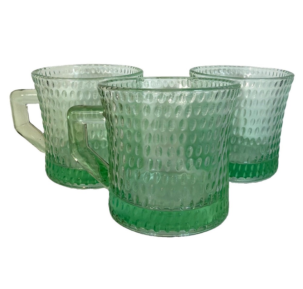 Vintage Anchor Hocking Green Dimpled Glass Coffee Mugs Set of 3 Retro Glasses