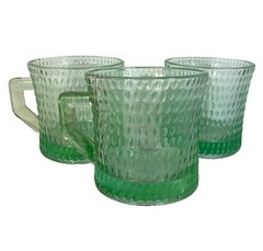 Vintage Anchor Hocking Green Dimpled Glass Coffee Mugs Set of 3 Retro Glasses