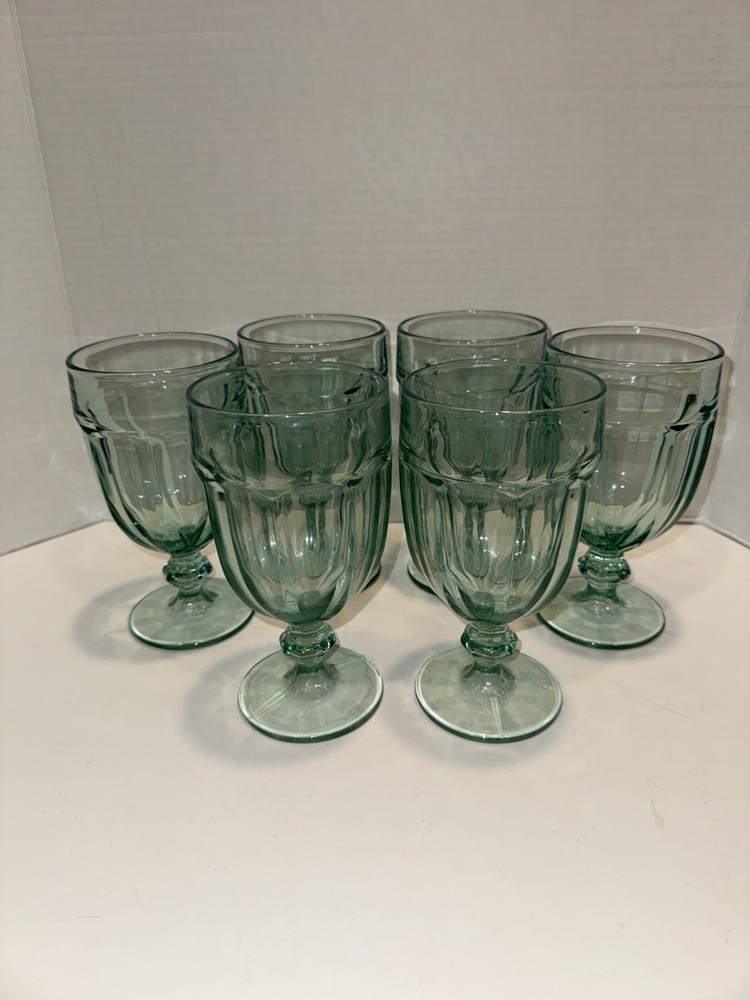 6 Vintage Libbey Gibralter Duratuff Spanish Green Goblets 7” Iced Tea Glasses