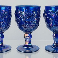 Madonna Inn Wild Rose Iridescent Cobalt Blue Goblets Fenton for LG Wright Mint