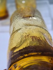 4 Morgantown THUMBPRINT Amber Glass Tumblers Textured Dimpled Pinched 6″ Golden