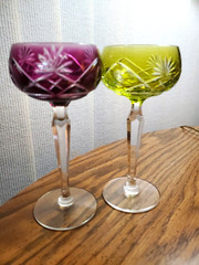 Vintage Cut-to-Clear Crystal Amethyst/Lime Green Wine Glasses
