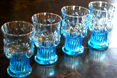 Pilgrim Glass ADAMS Set 4 RARE Vtg Aqua Blue FOOTED TUMBLERS Raised Shell 4.75″