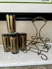 Vintage Colony High Ball Glasses w/ caddy signed MCM Black And Gold