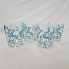 Art Deco Federal Glass Blue Gazelles Low Ball Glasses Retro Barware MCM Set 4