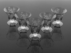 TIFFIN-FRANCISCAN PERSIAN PHEASANT OPTIC CRYSTAL FRUIT COCKTAIL GLASSES SET OF 5