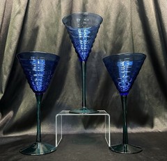 Pier 1~Set Of 3~Blue Ripple Bowl & Green Stem Glass Goblets~
