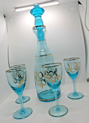Set Of Vintage MCM Aqua Blue Decanter + Glasses Barware Epic Large Stopper