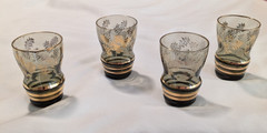 Smokey Gray Glass Tumblers / Shot Glasses w/gold fern pattern 2.5 x 1.5 set of 4