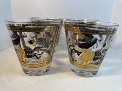 Fred Press Glasses Lowball Cocktail Black Gold Trojan Horse Set Of 4 Vintage