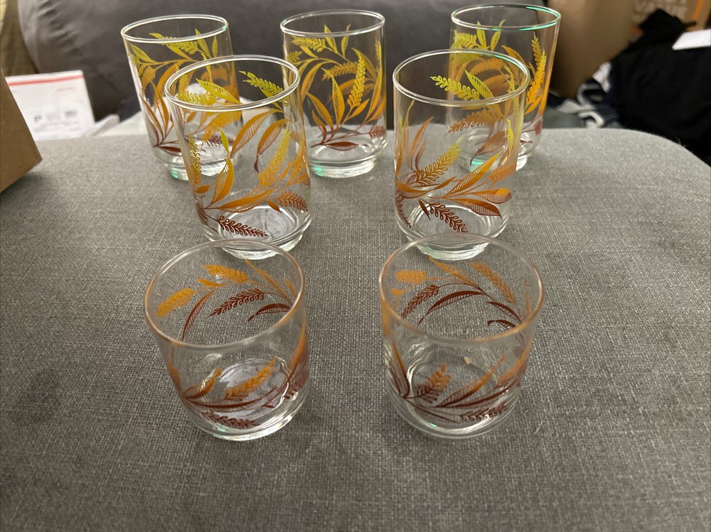 Libbey Golden Yellow Wheat Brown Amber Glasses Set 5 12oz & 2 6oz juice MCM VTG