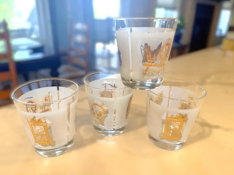 Set of 4 Frosted Whiskey ‘Low Ball’ Glasses from FRANCE – Early American Styling