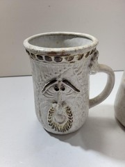 Studio Pottery Face Mug Set White Stoneware Folk Art Sculpted Beard Rustic Pair