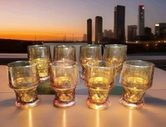 8 Amber Indiana Depression Glass Thumbprint Kings Crown Tumbler 60s 5″ 14oz.