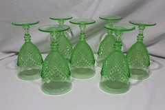 WESTMORELAND GREEN VASELINE ENGLISH HOBNAIL FOOTED GOBLET TUMBLER GLASS SET OF 7