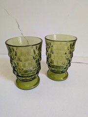 Vintage Olive Green Glasses With Foot, Faceted Square Pattern, Set Of 2