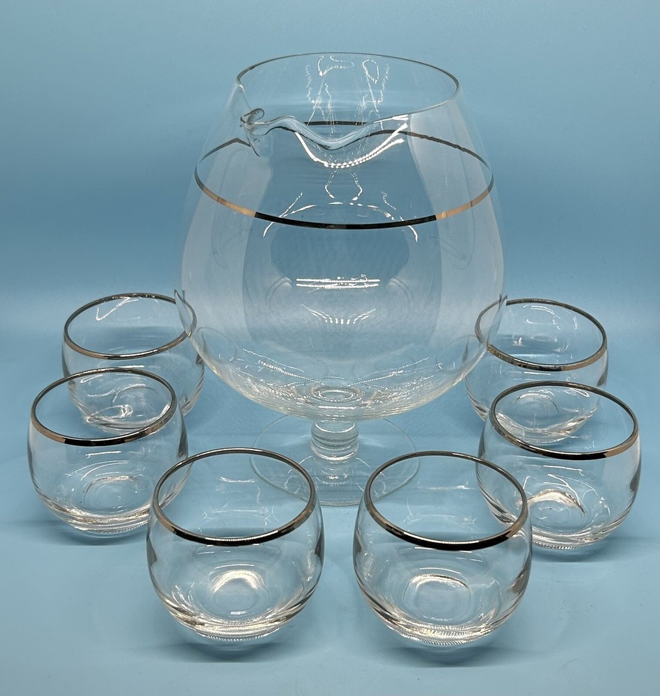 Set Of MCM Dorothy Thorpe Style Pitcher Decanter 6 Roly Poly Silver Trim Glasses