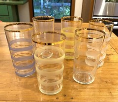 Vintage Pastel Frosted Gold Stripes MCM Hiball Retro Tumbler Glasses Set of 6
