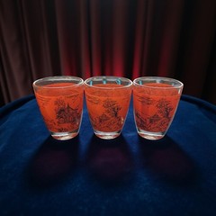 Vtg 3pc Set FRANCE Toile Red Black Asia Japanese Scene Shot Glasses Tumblers MCM