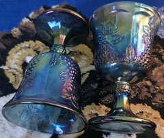 Vintage Blue Iridescent Grape Pattern Goblets Carnival Glass Set