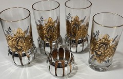 Set of 4 Vtg Gold Drinking Glasses Tumblers Leaf 6” Tall w/spring Coasters