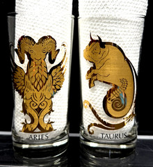 Vintage MCM Hocking 22kt Gold Astrology Zodiac Highball Glass Tumblers Set of 12