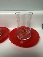 Vintage PASABAHCE Turkish Red Scroll Design Glass Tea Cup & Saucer, Set Of 4