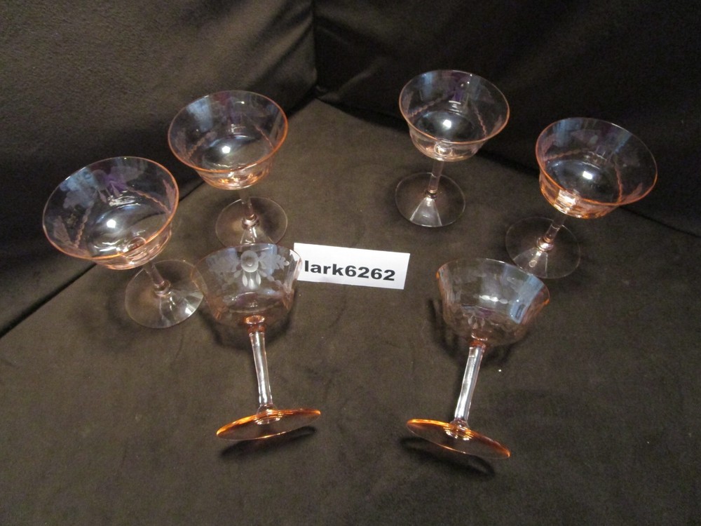 Vintage Glass Optic Etched Flowers Stem set 6-Goblets champagne Pink 5 Oz.1930