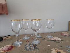 Set of 5 Vintage Crystal Double Gold Rimmed Water Goblets MCM Elegant Handblown